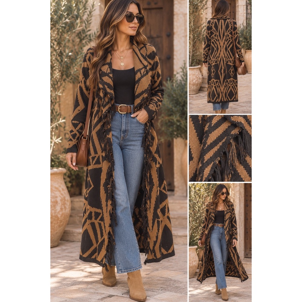 Cecico Womens Geometric Tribal Fringe Duster Cardigan Sweater Brown Black Small